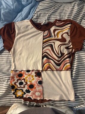 Rue21 Brown, Cream & Mustard Retro Patchwork Kids Tee